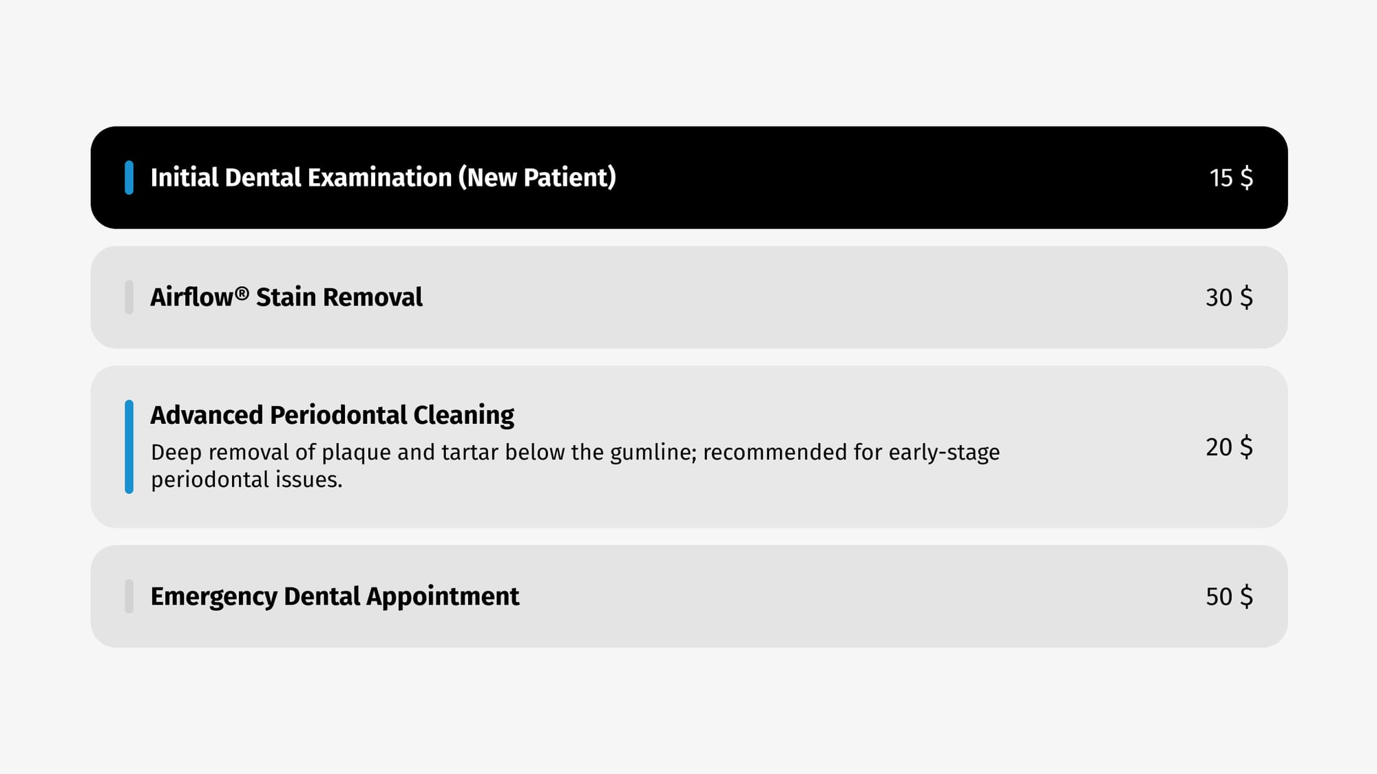 Screenshot of a responsive Pricing List Component with item rows, prices, and clean spacing, optimized for Figma Sites.